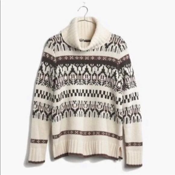 Madewell Iceblock Fair Isle Sweater Merino Wool Cream Brown LG - Picture 1 of 14